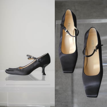 Vintage PRADA 1999 Archival Nero Raso Satin Mary Jane Square Kitten Heels Unworn w/ Box & Bags | DEADSTOCK | Size 39.5 | 1990s Designer Shoe 