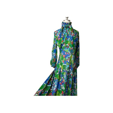 1970s Cherry Blossom Asian Print Long Dress with Neck Tie 