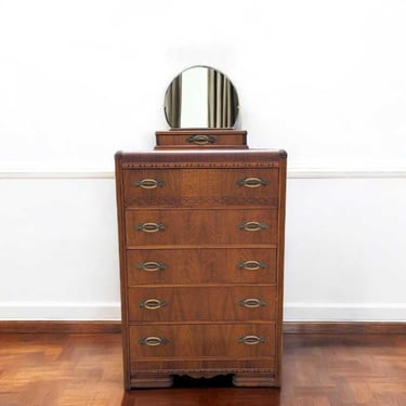 Art Deco Waterfall Chest of Drawers – Vintage 1930s Dresser, Tallboy, Mirror, Solid Wood Storage 