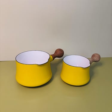 Vintage Dansk Kobenstyle France IHQ Yellow Enamel Saucepans with Wooden Handles - Set of 2 - Jens Quistgaard - Midcentury Modern Cookware 