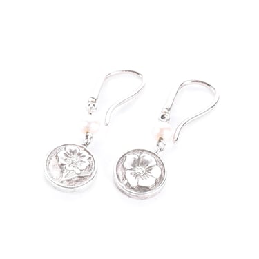 Vintage Tiffany & Co. Sterling Silver Pearl Nature Rose Drop Earrings 
