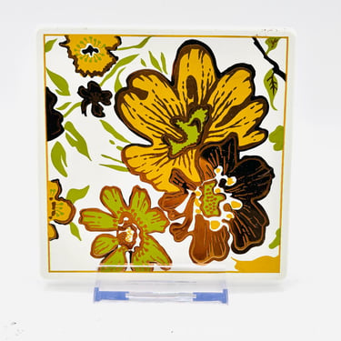 Vintage George Briard Enamel Tile – Yellow, Green, Gold Floral – Mid-Century Modern Pop Art – 1960s Retro Groovy Kitchen Decor by LeChalet