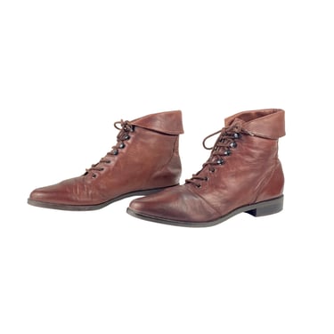 1990's Brown Leather Ankle Boots Size 8 M Nine West, Lace Up Pointed Rounded Toe 