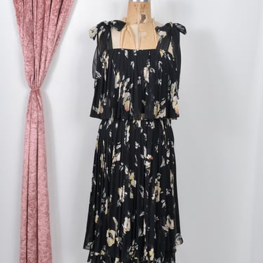 Vintage 1980s Dress / 80s Albert Nipon Floral Pleated Dress / Black Pink ( XXS XS ) 