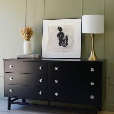 Mid-Century Six-Drawer Dresser in Satin Black with Green Lacquer Drawers