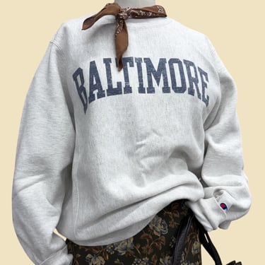 Vintage Baltimore Sweatshirt 1990s Retro Unisex Size Small + Champion + Light Gray + Navy Blue Lettering + Pullover + Crew 