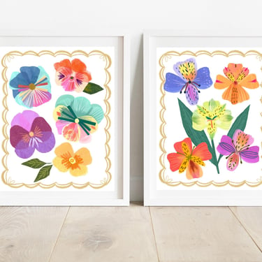 Spring Garden Set of Two 8 X 10 Art Prints/ Floral Collage Wall Art/ Bold & Colorful Floral Illustration/ Pansy and Lily Floral Decor 
