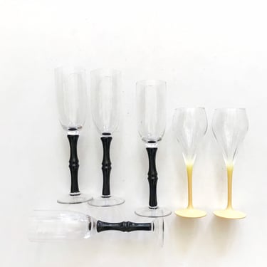 set of 4 black high stemware flute champagne glasses / faux bamboo style / barware housewarming wedding gift 
