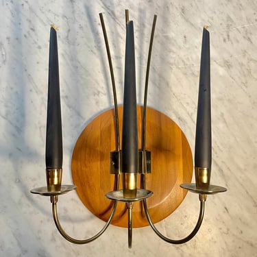 Brass + Walnut Wall Sconce Candelabra Vintage Mid-Century Modern Umanoff Pearsall Style 