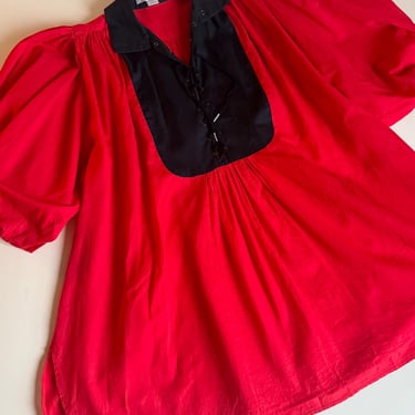 RESERVED for Rebecca - 1980s Chantal Thomass bright red and black tunic or mini dress, lace up front 