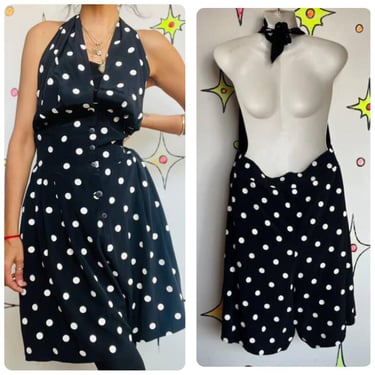 80s Does 50s Black & White Polka Dot Halter Romper Dress Rockabilly Pinup - L/XL 