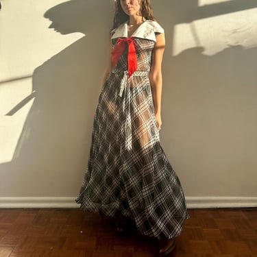 Vintage ‘60s black and white sheer maxi tartan dress / dramatic collar / red bow / XXS-XS 