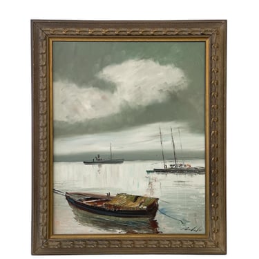 Free shipping within continental US - Vintage Mid-Century Harbor Scene Oil Painting with Boats and Overcast Sky, Signed 
