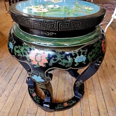 Asian Chinoiserie Black Lacquer Cloisonne Garden Stool or Side Table 