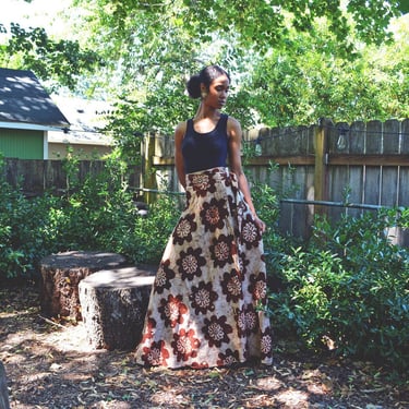 Vintage Batik print 70s Wrap Skirt long Maxi 1970s summer resort soft cotton Hippie Bohemian Tie waist pockets strapless dress 