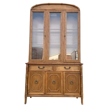 Buffet Lighted Hutch by Broyhill - Vintage Brown Faux Bamboo Wood & Hollywood Regency Illuminated Display China Cabinet 2pc 