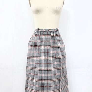 Vintage 70s Plaid Wool Skirt with Pockets | A Line | Gray, Blue, and Brick Red | Small to Medium 