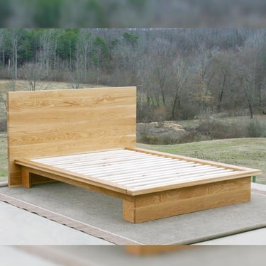 NcFwV03 Low Solid Hardwood Bed, Platform Side extensions, Headboard, under bed access; NcFwS01, Lg HB w/side tables; NcFwN01 No HB, natural 