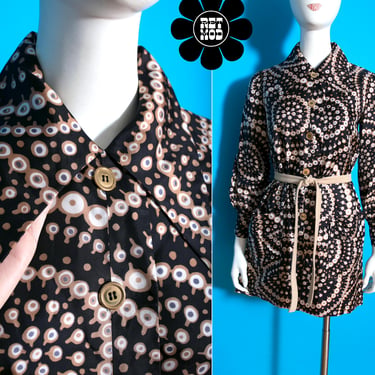 Fabulous Vintage 70s Black & Brown Psychedelic Shirt Dress with Large Dagger Collar 