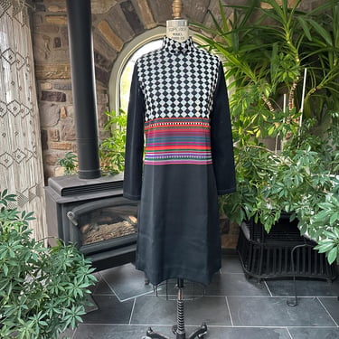 Vintage 1970s Black Knit Dress Diamond Top Striped Waist Craely 