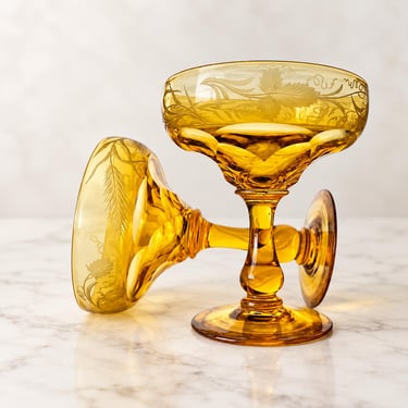 Antique Uranium Crystal Champagne Coupes, John Walsh Walsh Canaria Glow Glass Set of 2 