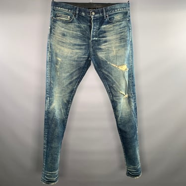 JOHN ELLIOTT Size 34 Blue Distressed Denim Button Fly Jeans