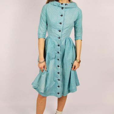 50s Hostess Dress (S) small blue purple floral vintage 