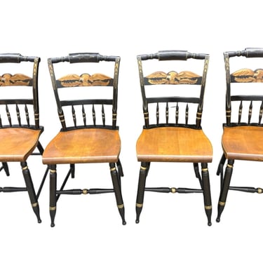 Set of 4 vintage black Hitchcock side chairs w/ stenciled "Harvest Eagle," 33.25