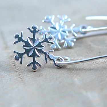 Sterling Silver Snowflake Earrings, Winter Jewelry, Snowflake Charms, Gift for Her 