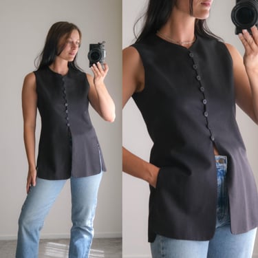 Vintage ANN TAYLOR Black Linen Blend Tailored Swinging Longline Panel Slit Waistcoat Top | 1990s Y2K Designer Vest Blouse 
