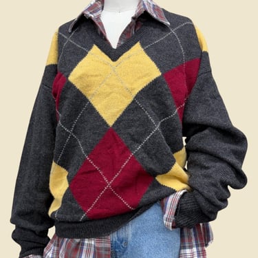 Vintage Argyle Sweater 1980s Retro Womens Size Medium + Preppy + Lord & Taylor + 100% Lambswool + Pullover + V-Neck + L/S 