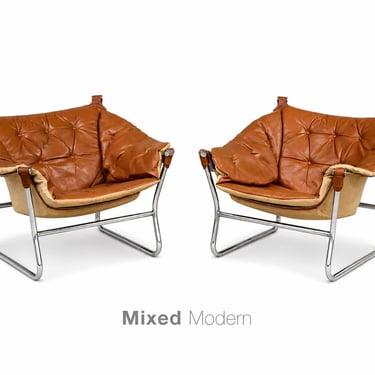 Tormod Alnaes Leather Sling and Chrome Lounge Chairs - A Pair 