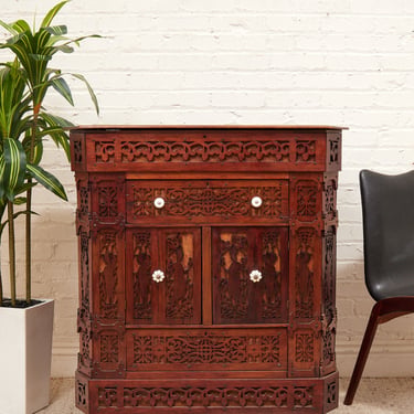 George Zee Style Mid-Century Asian Heavily Hand Carved Flip Top Dry Bar Cabinet
