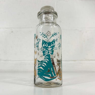 Vintage Blue Cat Glass Apothecary Jar Lidded Vanity Storage Decanter 1960s 1950s MCM Canister Apothecary Floral Gold Turquoise 