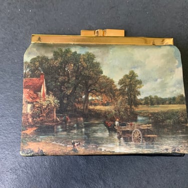 Vintage 1960s The Hay Wain Black Satin Palm Clutch Bag Wallet, Vintage Satin The Hay Wain by John Constable Wallet 