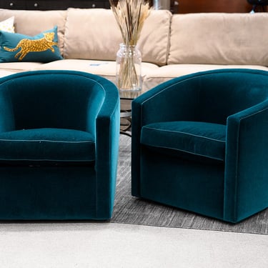 Pair of A. Rudin Custom Upholstered Swivel Chairs