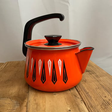 Mid Century Modern Enamel Tea Kettle Orange and Black 1960s 