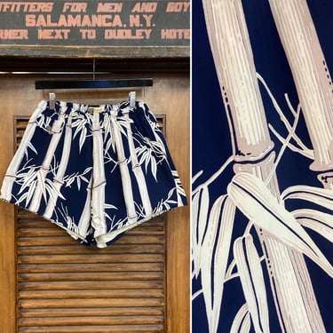 Vintage 1940’s Atomic Bamboo Vertical Silky Rayon Tiki Hawaiian Swim Trunks, 1940’s Shirt 