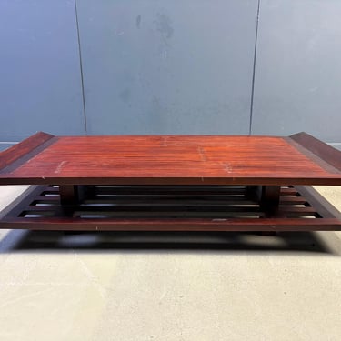 Two-Tiered Pagoda Wabi Sabi Style Coffee Table in Wood and Bamboo 1970s - vintage coffee table - bohemian coffee table 