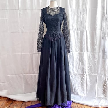 Vintage 2000 Y2K Evening Gown • Black Lace Chiffon • Basque Waist • Gothic Formal Dress 