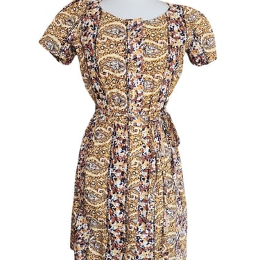 Vintage 1950s Day Dress Yellow Cotton Print Paisley Shirtdress Short Sleeve / M 