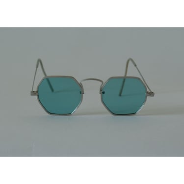 Vintage Octagonal Sunglasses Blue Lens Silver Metal Frame John Lennon Style 