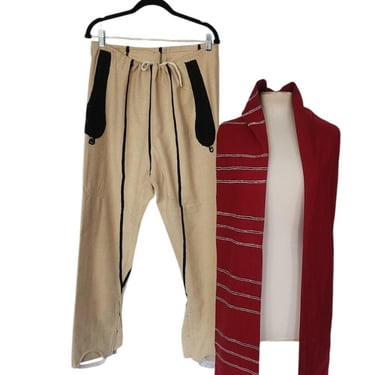 Antique Bulgarian Folk Costume Ethnic Mens Pants Embroidered Cream Wool + Red Scarf 
