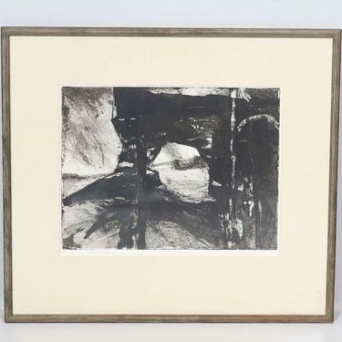 Abstract lithograph black white vintage art print mid century modern artwork framed Scandinavian wall art 1960s painting original French art 