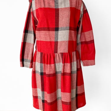 1980s Red + Gray Plaid Drop Waist Dress sz. L