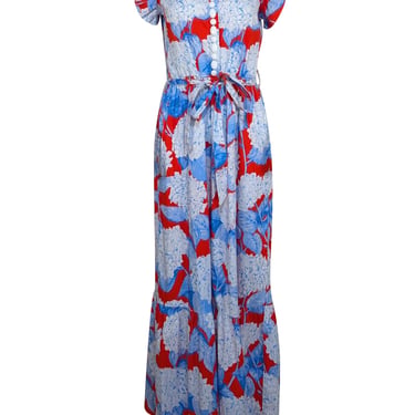 Sheridan French - Blue, Red, & Cream Hydrangea Floral Short Sleeve Dress Sz S