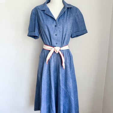 Vintage 1980s Denim Shirtwaist Dress / L 