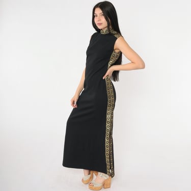 Vintage Black Evening Dress 70s High Mock Neck Gold Trim High Side Slit Grecian Maxi Gown Sleeveless 1970s Cocktail Party Dress Small S 