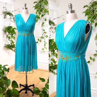 Vintage 1980s Sundress | 80s Metallic Gold Blue Gauze Grecian Greek Goddess Summer Dress | medium/large/x-large 