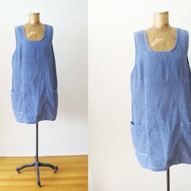 Vintage 90s Blue Corduroy Pinafore Overall Shift Dress M 